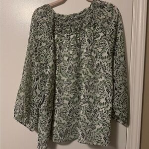 Daniel Rainn, Stitchfix; olive green and white blouse. Measurements in photos.